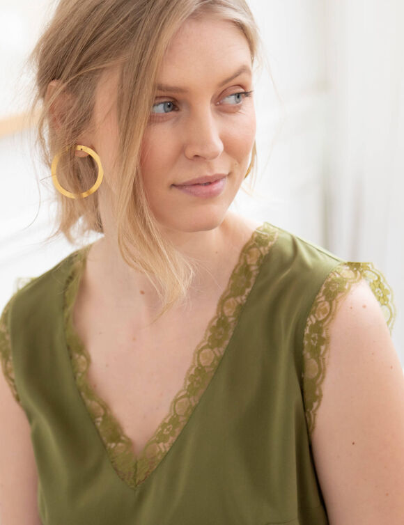 Caraco fluide col V dentelle, crêpe **polyester recyclé (vert olive)