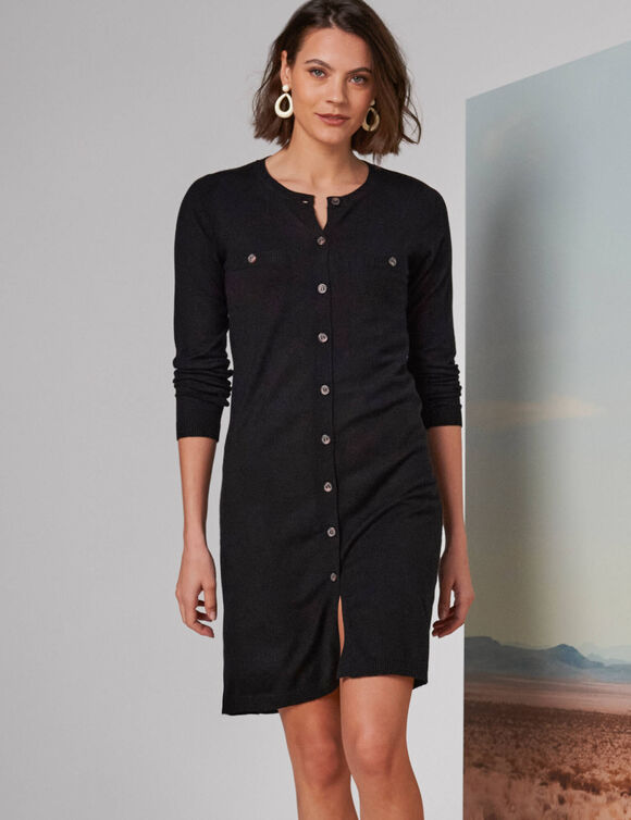 Robe pull boutonn&eacute;e, manches longues (noir)