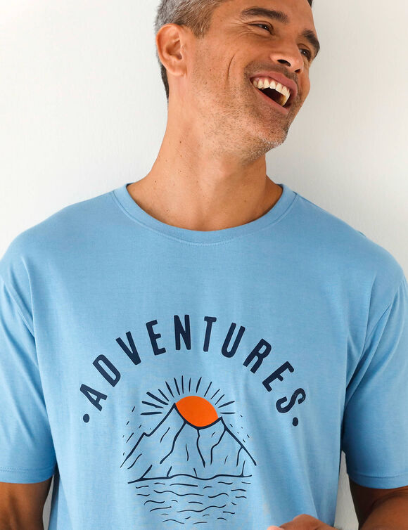 T-shirt pyjama imprimé placé manches courtes coton  (bleu)