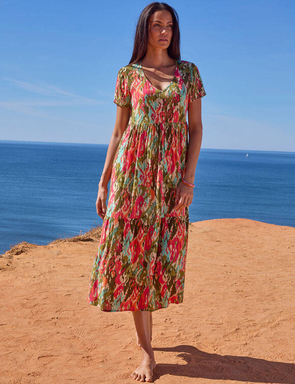 Robe col V longue imprim&eacute;e, cr&eacute;pon (kaki / rose)