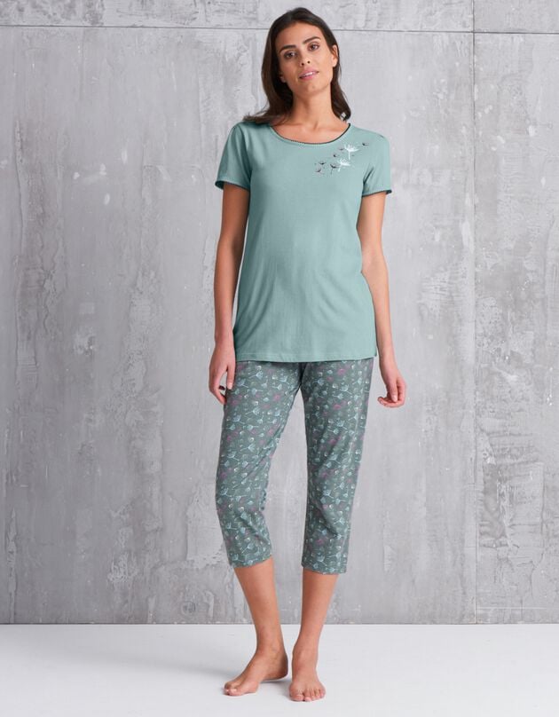 Pantacourt pyjama coton imprimé fleuri, vert grisé, hi-res