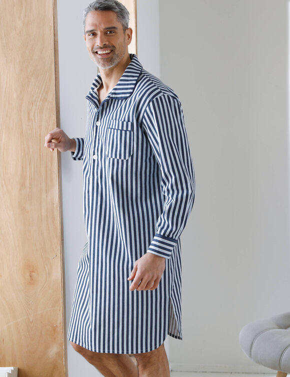 Gestreepte pyjama in liketstijl - katoenflanel (marine / ecru)