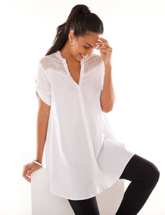 Tunique boutonnée macramé unie  (blanc)