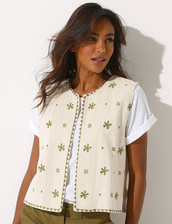 Veste brod&eacute;e sans manches, gaze de coton (&eacute;cru / kaki)