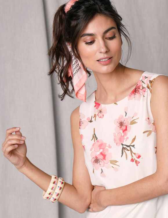 Robe courte sans manches voile base imprimée (ivoire)