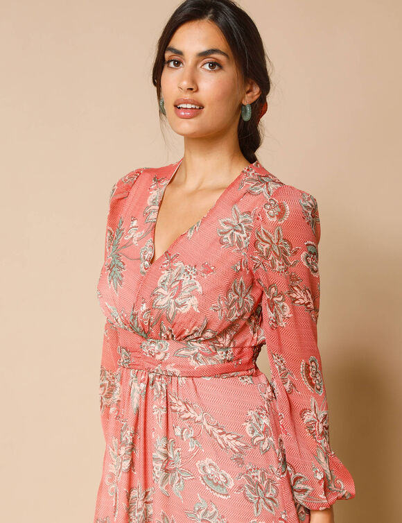 Robe courte ceinture fantaisie, voile imprimé (bois de rose / écru)