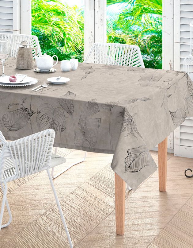 Nappe coton imprimé feuilles de palmiers (beige / gris)