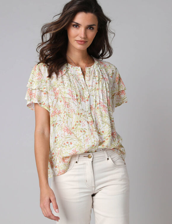 Chemisier manches courtes papillon, cr&eacute;pon imprim&eacute; fleuri (wit / groen)