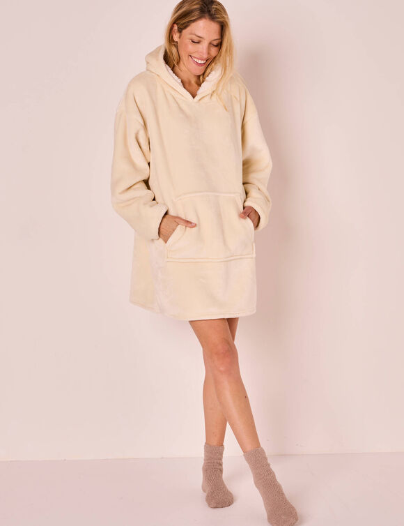 Plaid-sweat polaire à capuche doublé sherpa (écru)