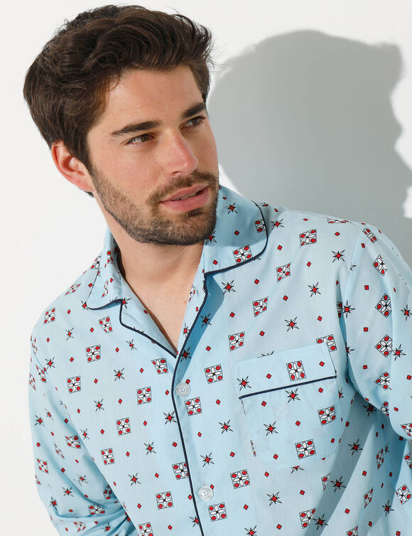 Pyjama imprimé popeline polyester/coton (bleu)