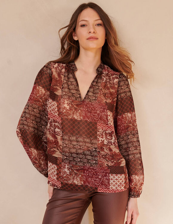Blouse col montant, imprim&eacute; patchwork (gr&egrave;ge / chocolat)