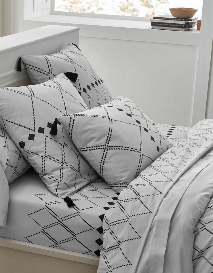 Linge de lit Massai coton à motifs graphiques et finitions pompons (gris)