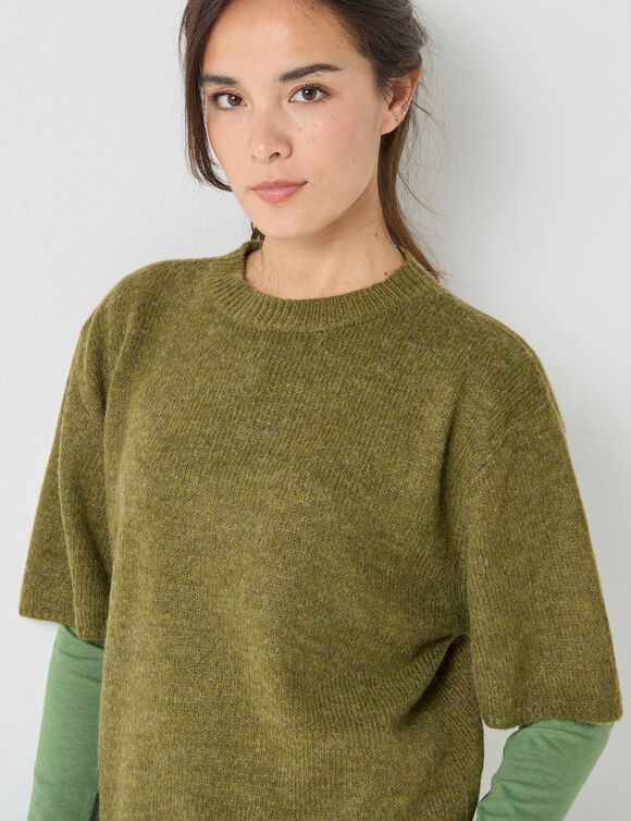 Pull loose manches coudes, laine et mohair m&eacute;lang&eacute;s (vert mousse)