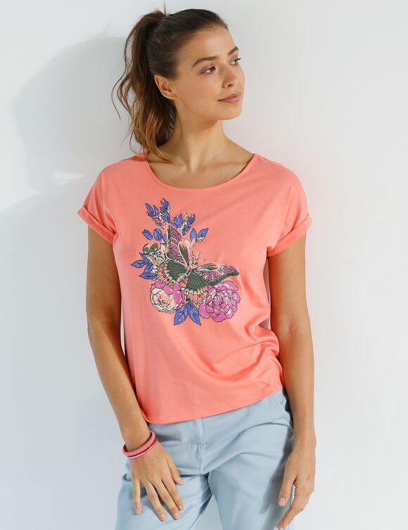 T-shirt imprimé placé, col rond (corail / beige)