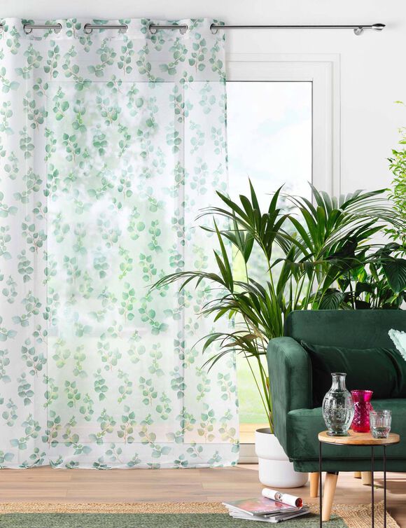 Voilage imprim&eacute; feuillage color&eacute; - finition oeillets (blanc / vert)