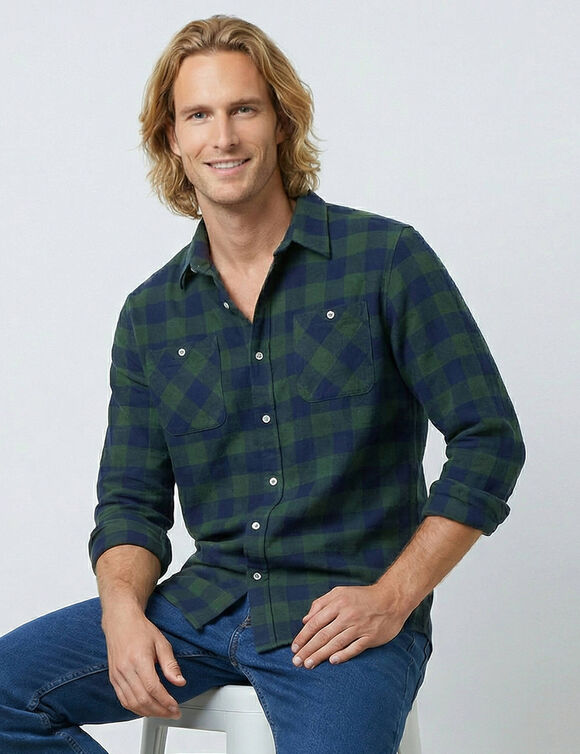 Chemise carreaux &eacute;cossais flanelle (vert / marine)