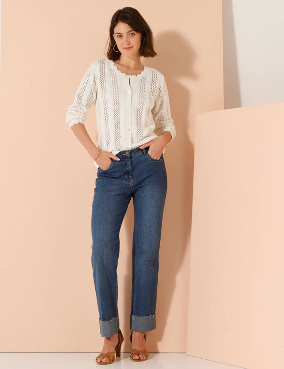 Gilet boutonn&eacute; col rond &agrave; &eacute;cailles, maille ajour&eacute;e (&eacute;cru)