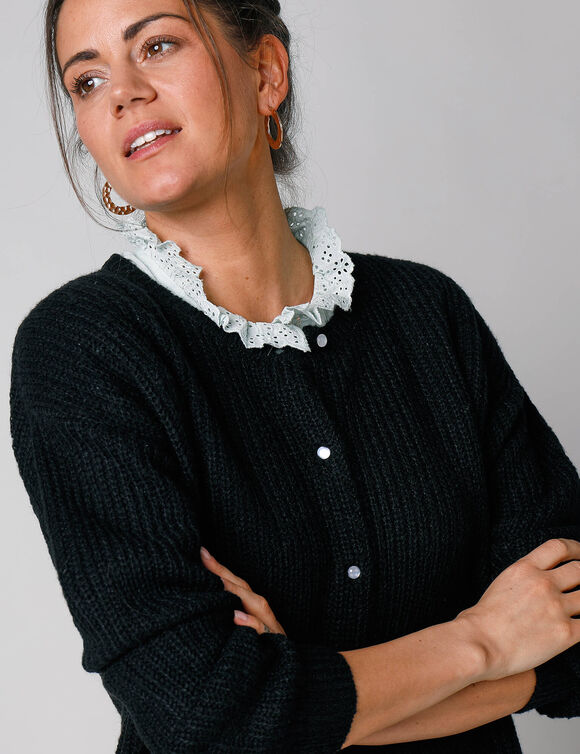 Cardigan boutons perles fantaisie, maille anglaise toucher doux (noir)