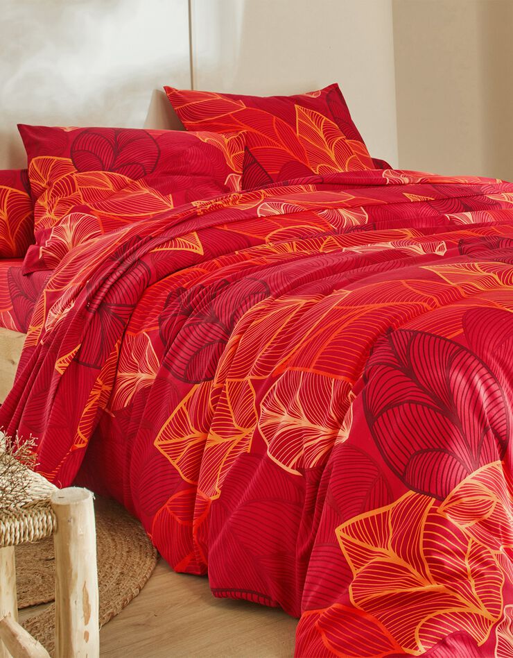 Linge de lit Elsa en polycoton à motifs feuilles (rouge)