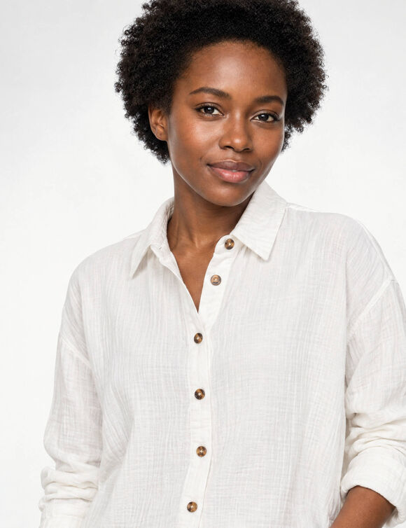 Chemise boutonn&eacute;e unie, gaze de coton (blanc)