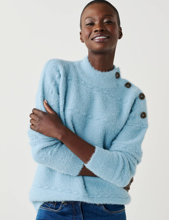 Pull col montant, maille poilue fantaisie (gris bleut&eacute;)