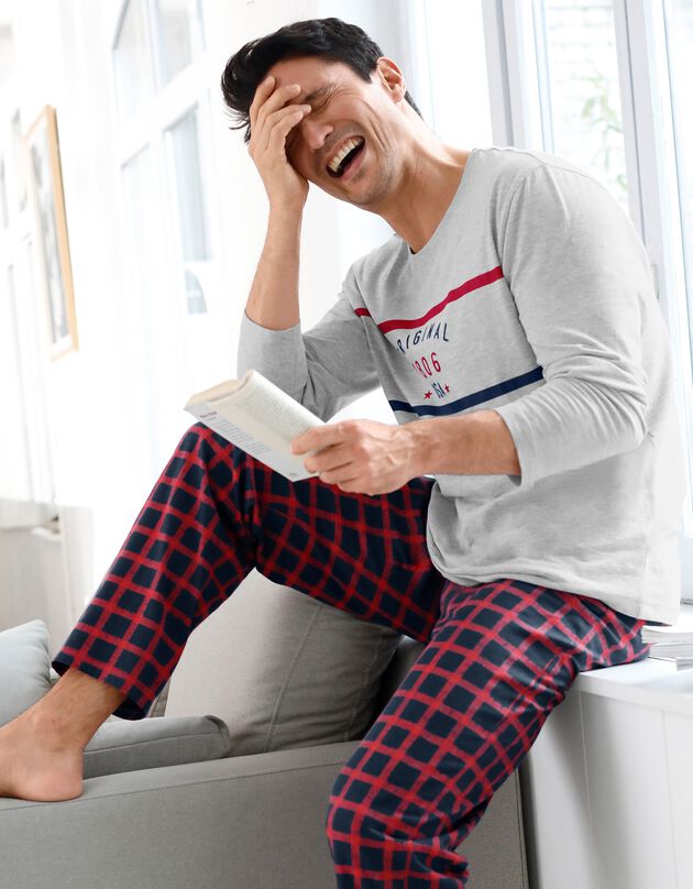Pyjamabroek met ruitjesprint, marine / rood, hi-res