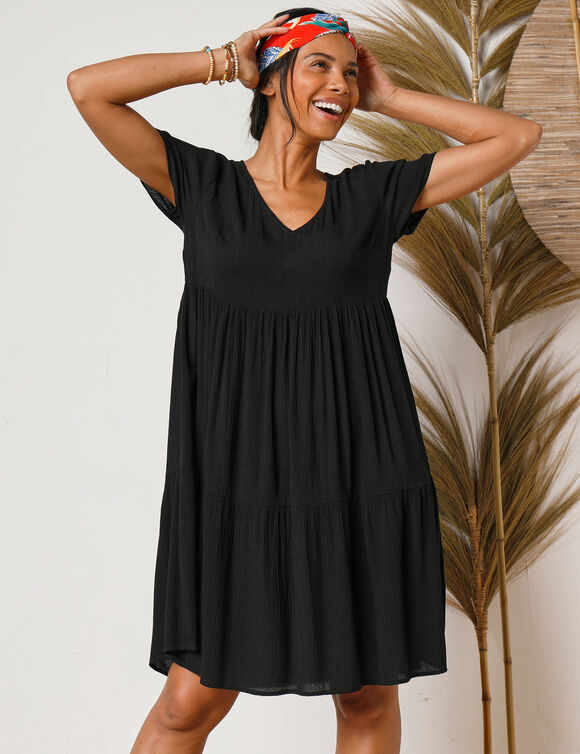 Robe col V courte unie, cr&eacute;pon (noir)