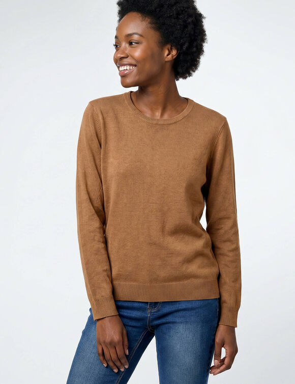 Pull col rond uni, manches longues, toucher doux (noisette)