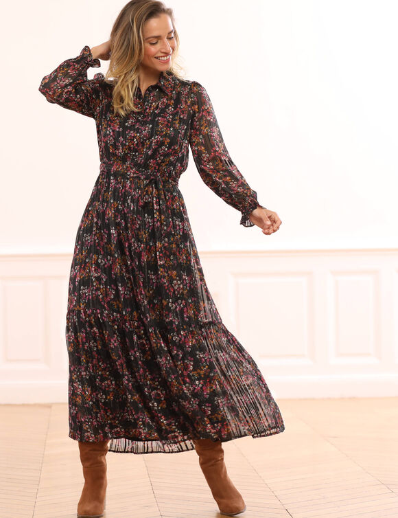 Robe-chemisier longue en voile jacquard imprimé floral (noir / violine)