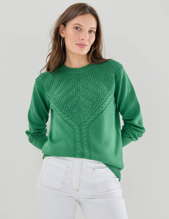 Pull col rond, maille fantaisie (vert)
