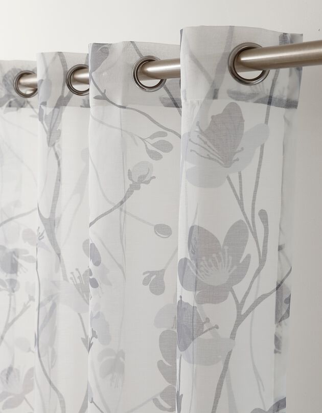Paneelgordijn in voile met bloemenprint, afgewerkt met oogringetjes (wit / grijs)