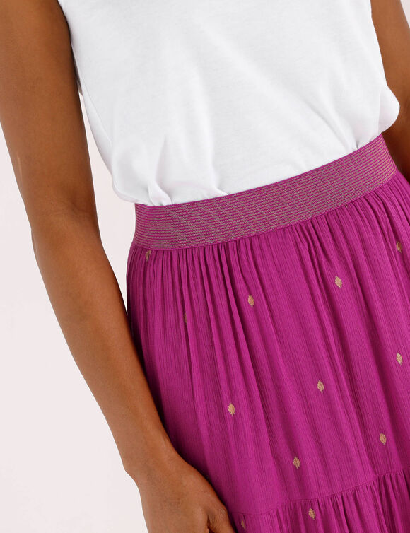 Jupe courte volant&eacute;e imprim&eacute; dor&eacute;, cr&eacute;pon (violine / dor&eacute;)