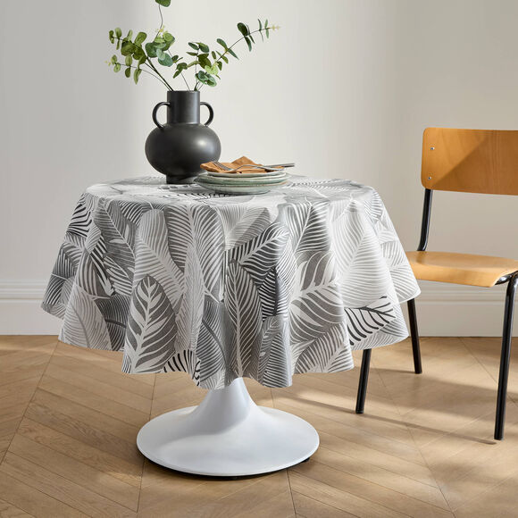 Nappe toile cir&eacute;e imprim&eacute; grandes feuilles (gris)