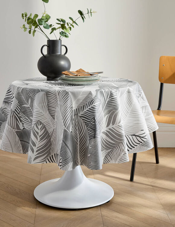 Nappe toile cir&eacute;e imprim&eacute; grandes feuilles (gris)