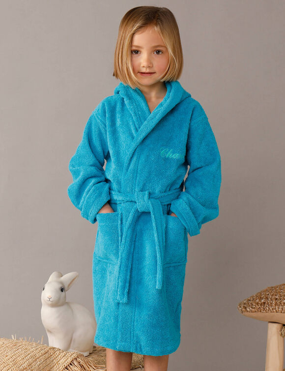 Gepersonaliseerde badjas met capuchon voor kinderen - lusjesbadstof 340 g/m&sup2; (turkoois)