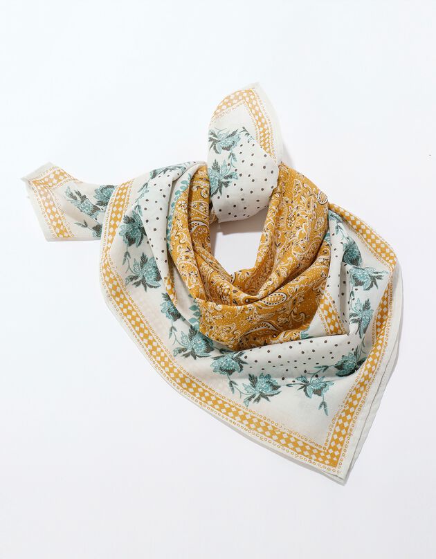 Foulard fabriqué en France imprimé fleuri, 70 x 70 cm  - coton (écru / moutarde)