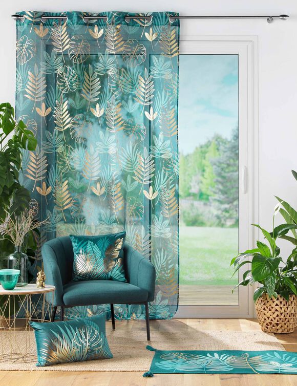 Voilage feuillages imprim&eacute; m&eacute;tallis&eacute; (&eacute;meraude)