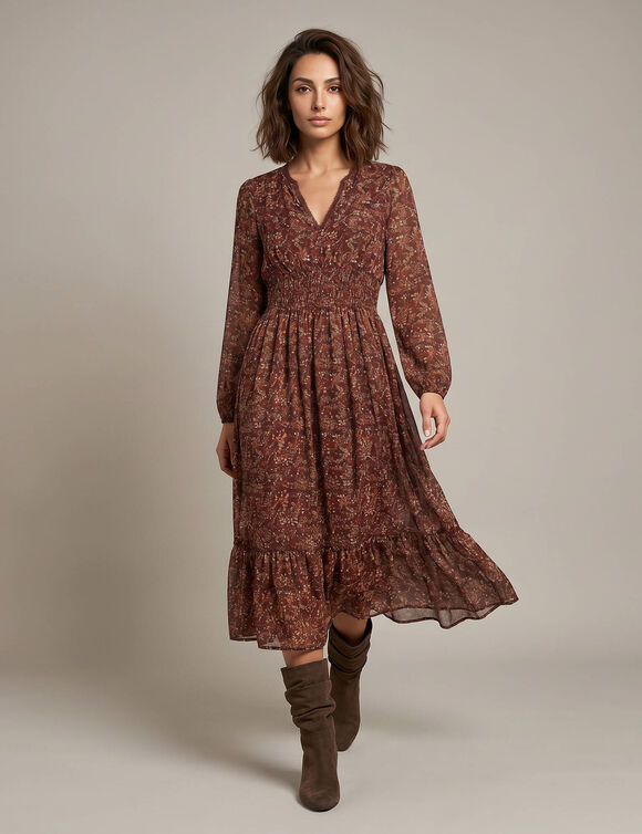 Robe longue volant&eacute;e, voile imprim&eacute; fleuri (bordeaux)