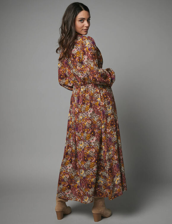Lange jurk met floraal bedrukking en macram&eacute;-afwerking (chocolade / paars)