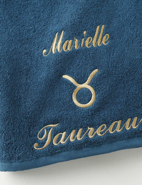 Serviettes de bain brodées Taureau personnalisable - 420g/m2 (bleu paon)