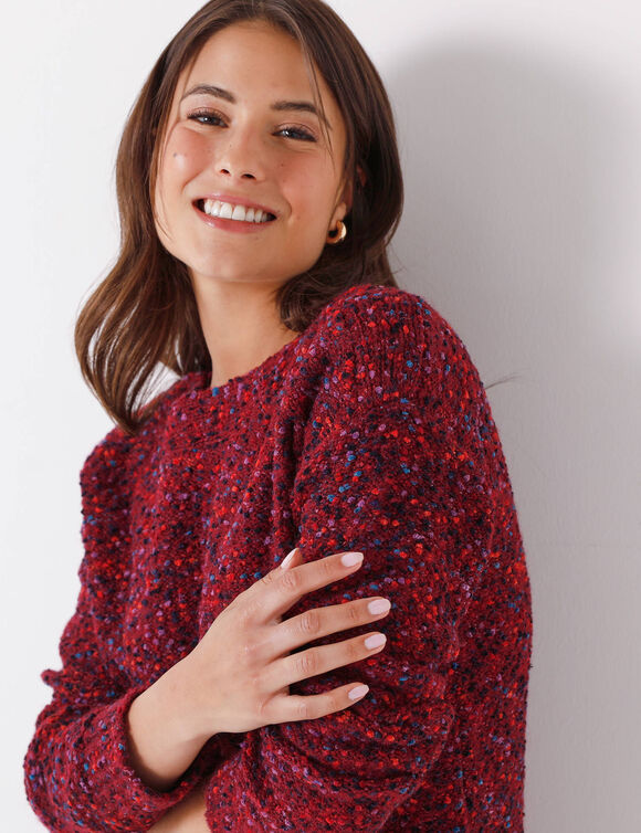 Pull maille bouclette, col bateau (prune)