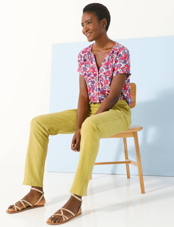 Pantalon fuselé fluide, lin-coton (vert mousse)