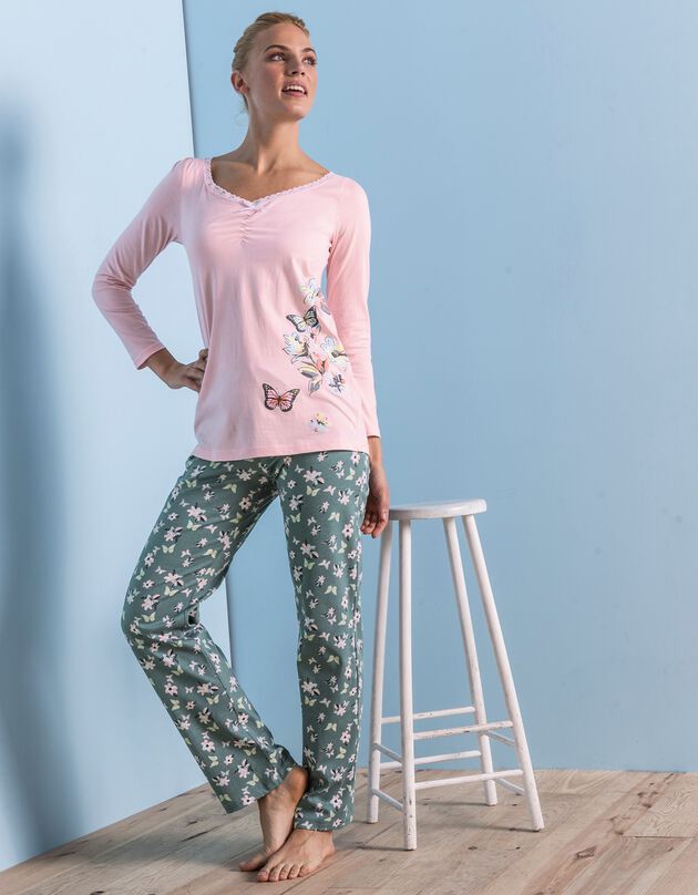 T-shirt pyjama manches longues imprimé placé papillons, rose, hi-res
