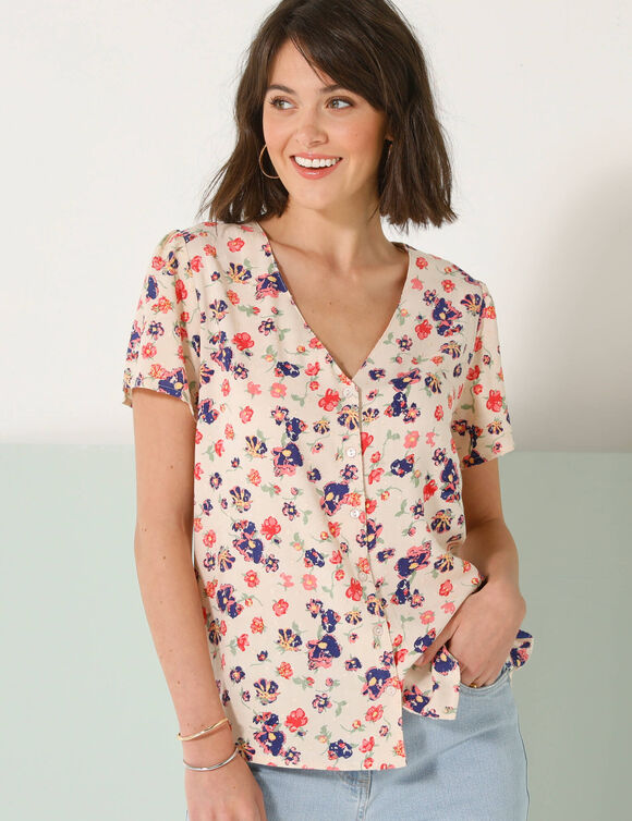 Chemisier manches courtes imprimé fleuri, plumetis (beige / indigo)