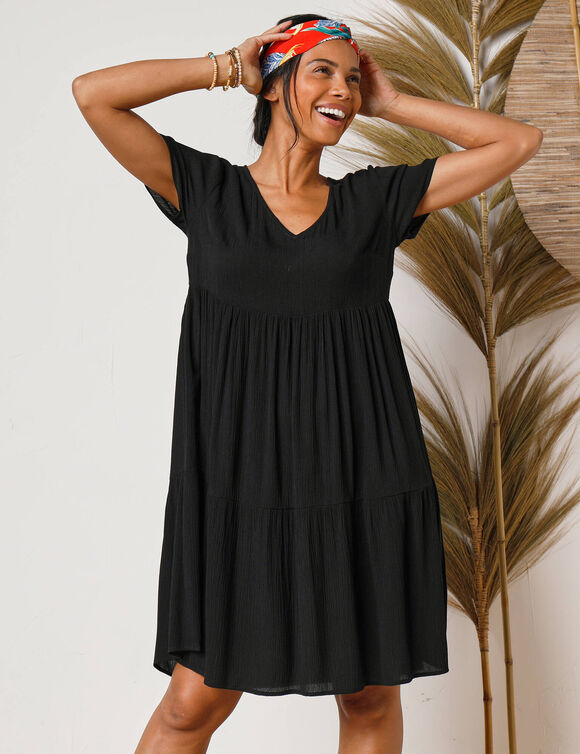Robe col V courte unie, crépon (noir)
