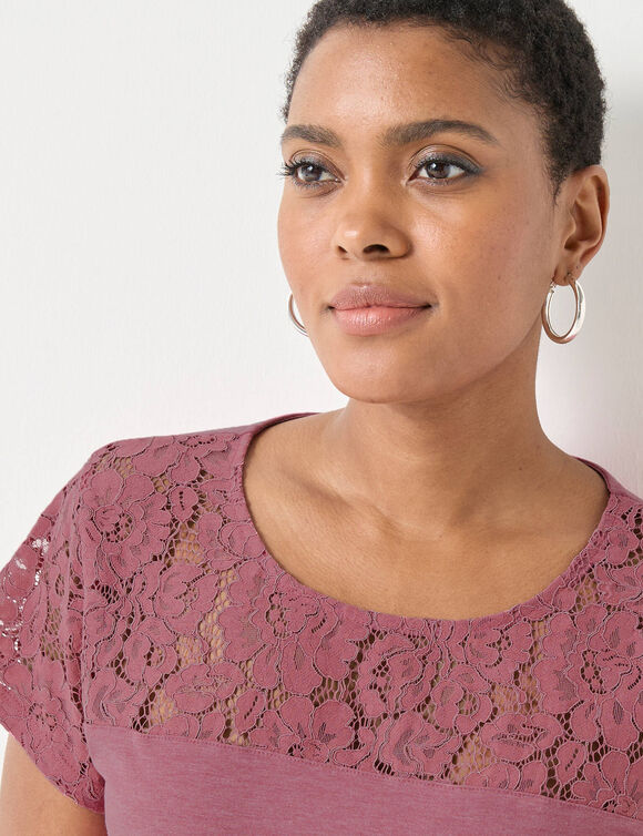 T-shirt manches courtes dentelle (bois de rose chiné)