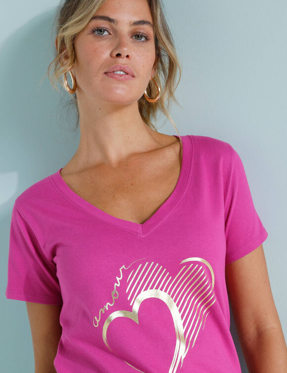 T-shirt col V imprimé doré (rose indien)