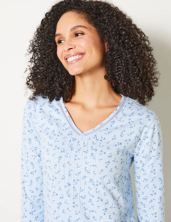 Chemise de nuit longue manches longues imprimé fleuri (bleu)
