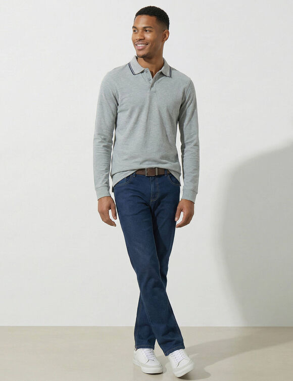 Polo uni maille piqu&eacute;e manches longues (gris chin&eacute;)