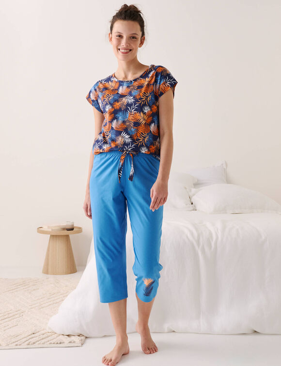 Pyjamashirt in katoen met korte mouwen - tropische print (marine / oranje)